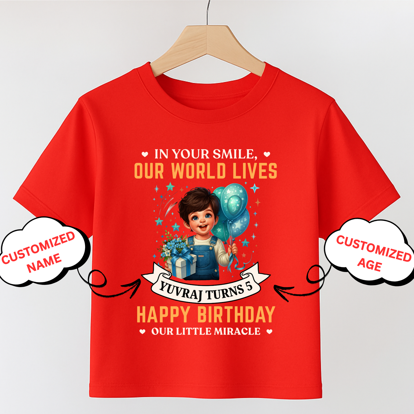 CUSTOMIZATION- IN YOUR SMILE, OUR WORLD LIVES, HAPPY BIRTHDAY CLASSIC KIDS T-SHIRT