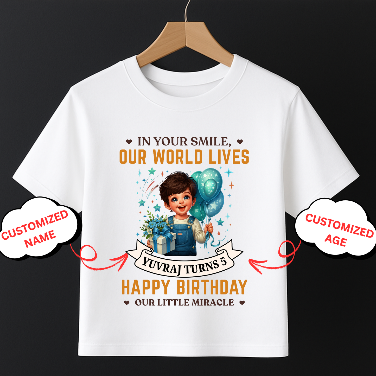 CUSTOMIZATION- IN YOUR SMILE, OUR WORLD LIVES, HAPPY BIRTHDAY CLASSIC KIDS T-SHIRT