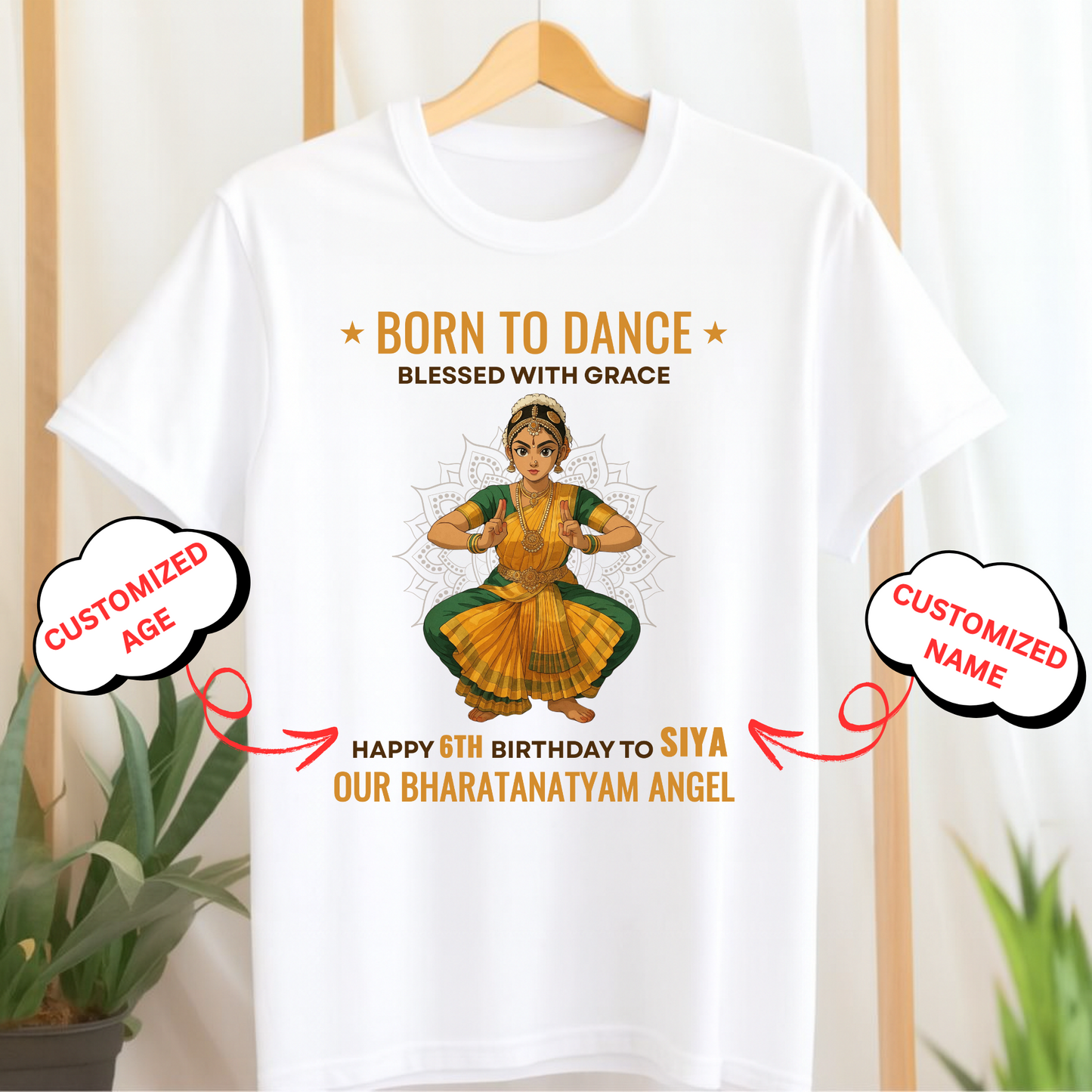 CUSTOMIZED- BORN TO DANCE, BLESSED WITH GRACE HAPPY BIRTHDAY OUR BHARATANATYAM ANGEL CLASSIC KIDS T-SHIRT