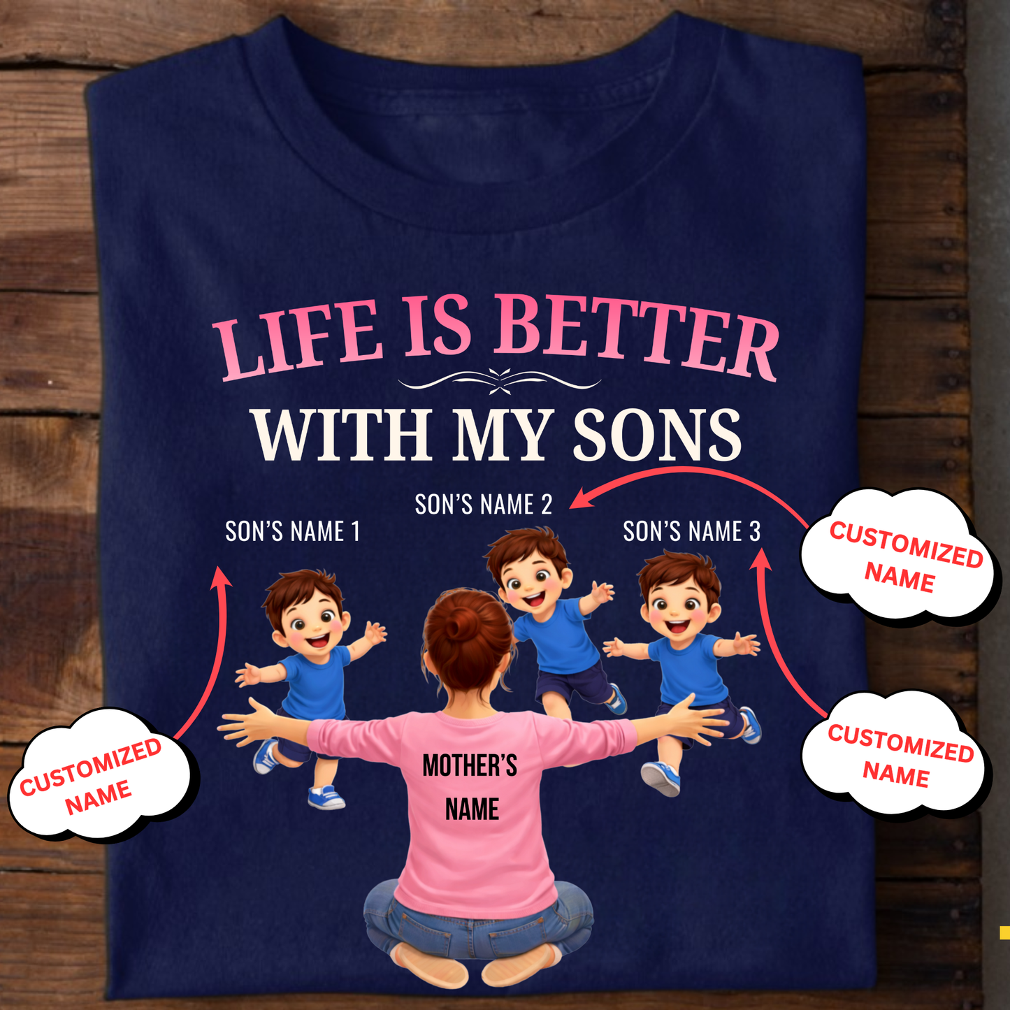 CUSTOMIZED-LIFE IS BETTER WITH MY THREE SONS (MOTHER & SONS) CLASSIC T-SHIRT