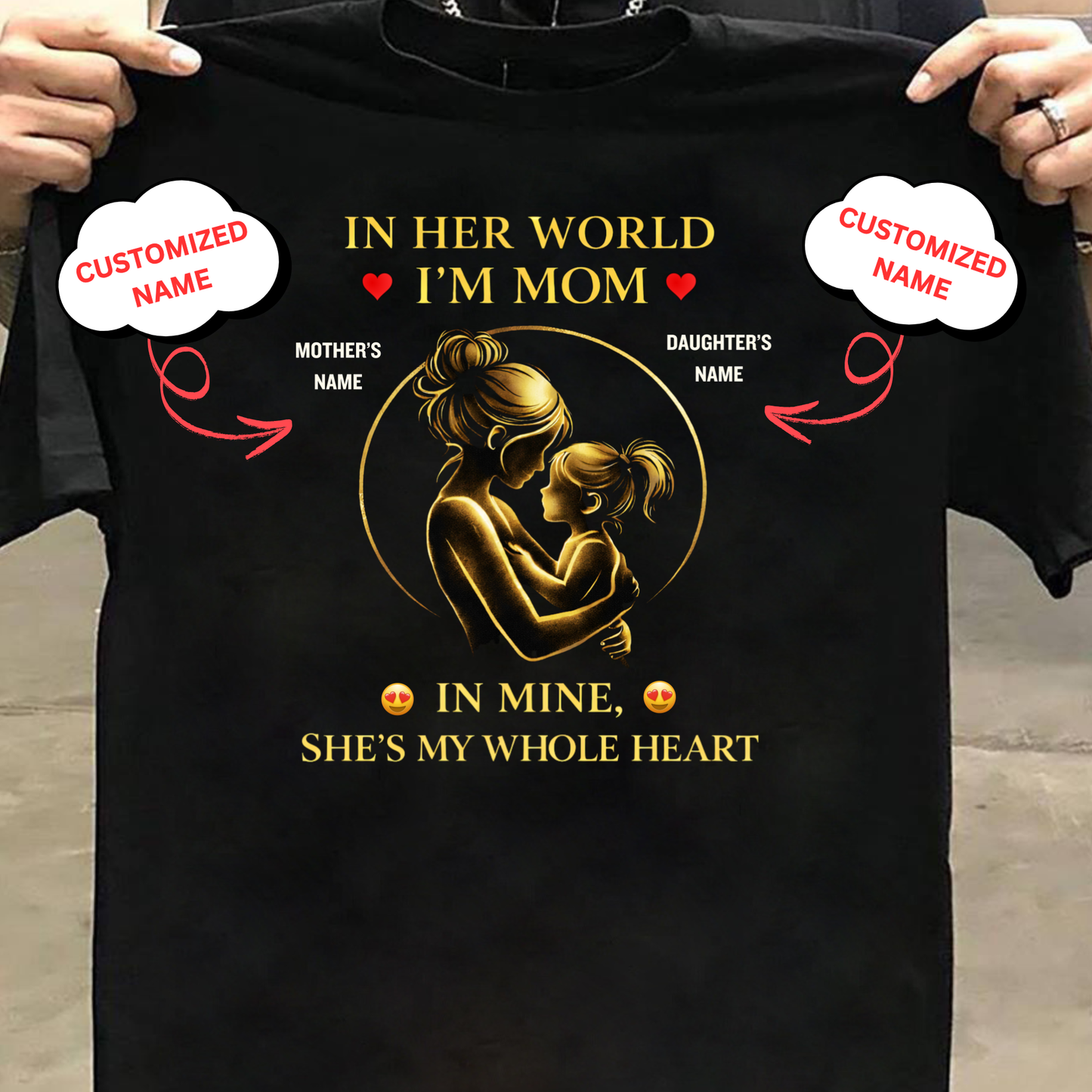 CUSTOMIZED-IN HER WORLD, I'M MOM, IN MINE, SHE'S MY WHOLE HEART (MOTHER & DAUGHTER) CLASSIC T-SHIRT