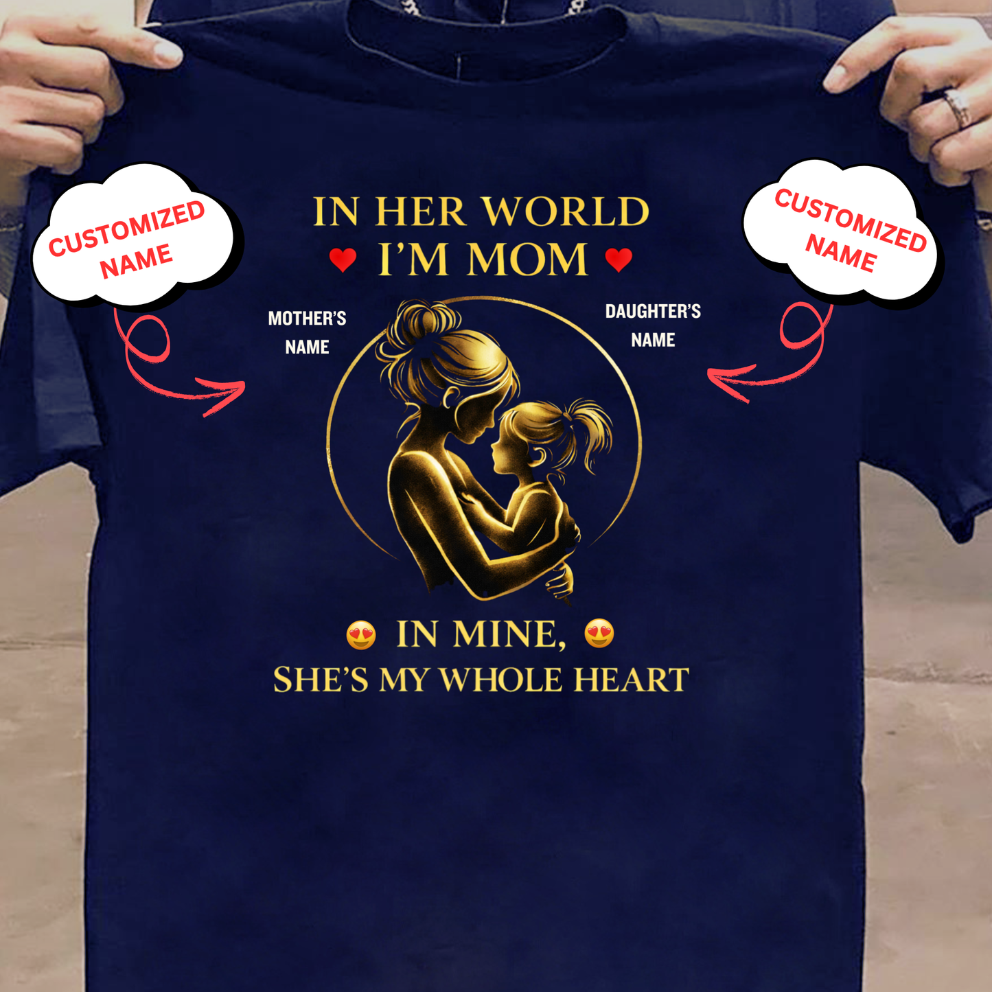 CUSTOMIZED-IN HER WORLD, I'M MOM, IN MINE, SHE'S MY WHOLE HEART (MOTHER & DAUGHTER) CLASSIC T-SHIRT
