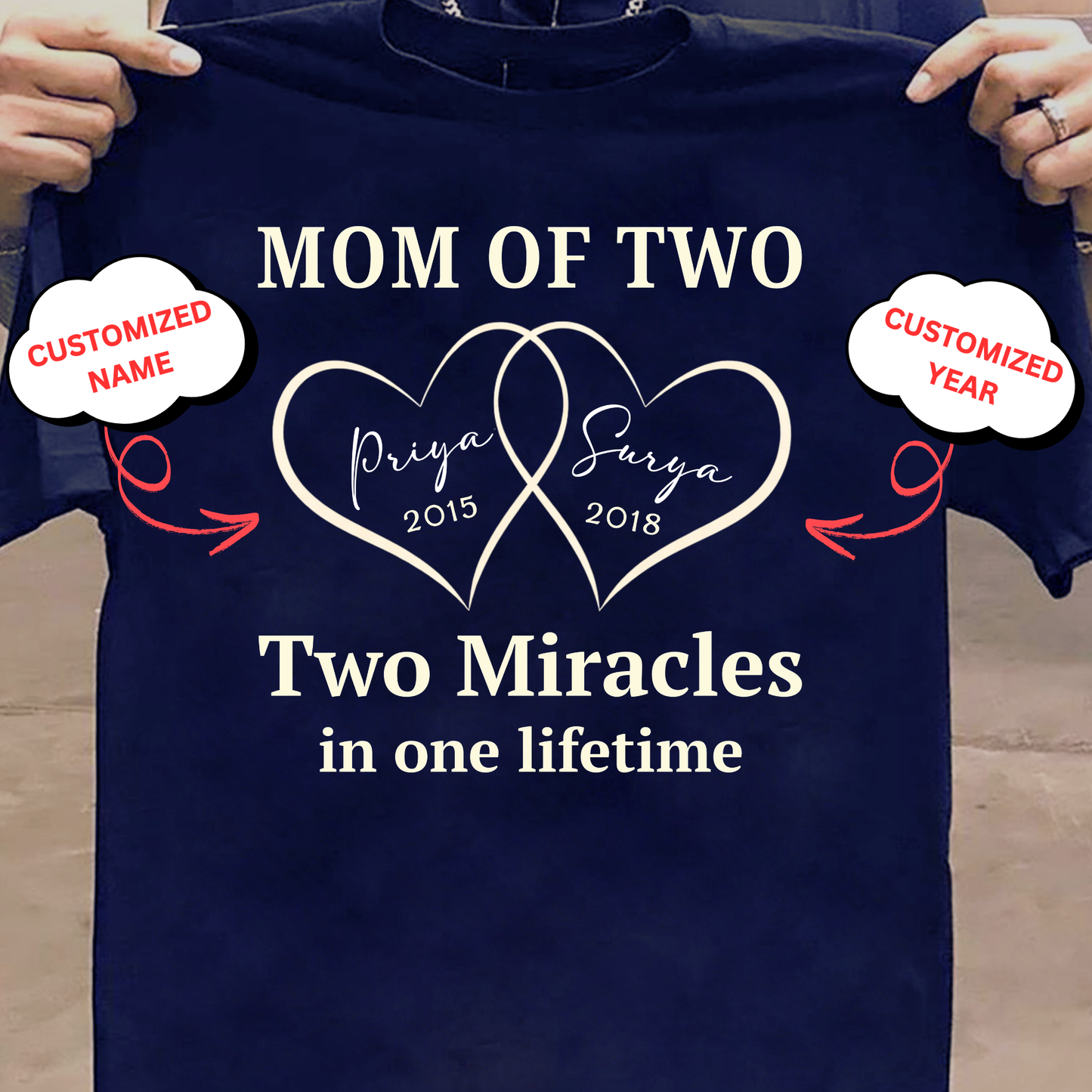 CUSTOMIZED-MOM OF TWO, TWO MIRACLES IN ONE LIFETIME (MOTHER & KIDS) CLASSIC T-SHIRT
