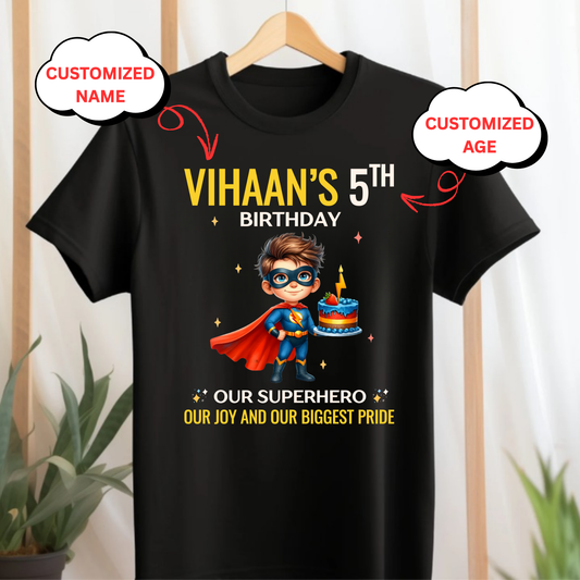 CUSTOMIZATION KIDS (BOY) T-SHIRT- OUR BIRTHDAY SUPERHERO CLASSIC KIDS T-SHIRT