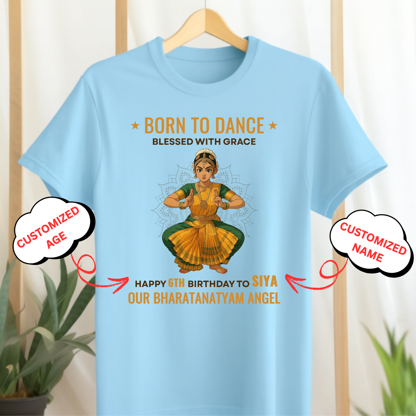 CUSTOMIZED- BORN TO DANCE, BLESSED WITH GRACE HAPPY BIRTHDAY OUR BHARATANATYAM ANGEL CLASSIC KIDS T-SHIRT