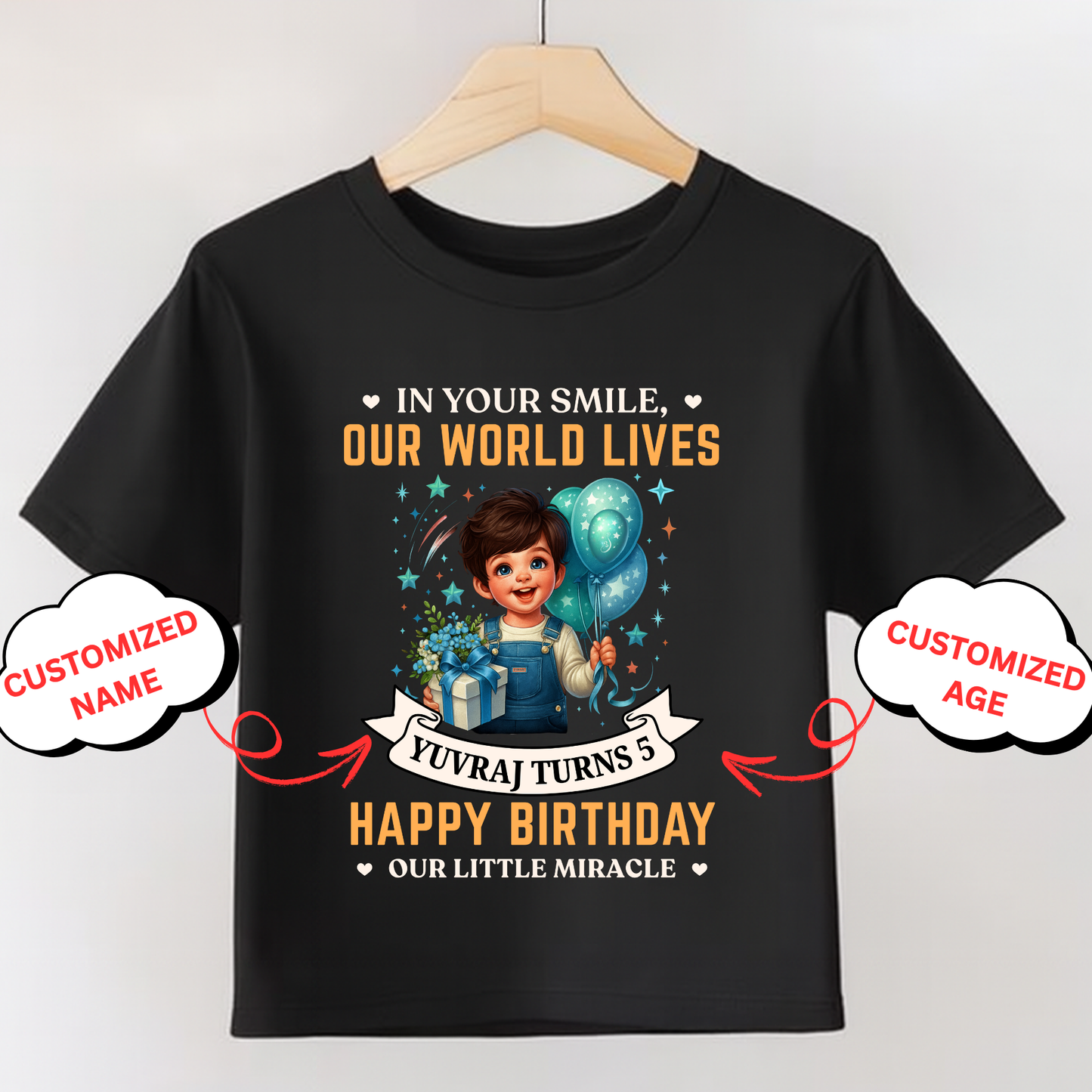 CUSTOMIZATION- IN YOUR SMILE, OUR WORLD LIVES, HAPPY BIRTHDAY CLASSIC KIDS T-SHIRT