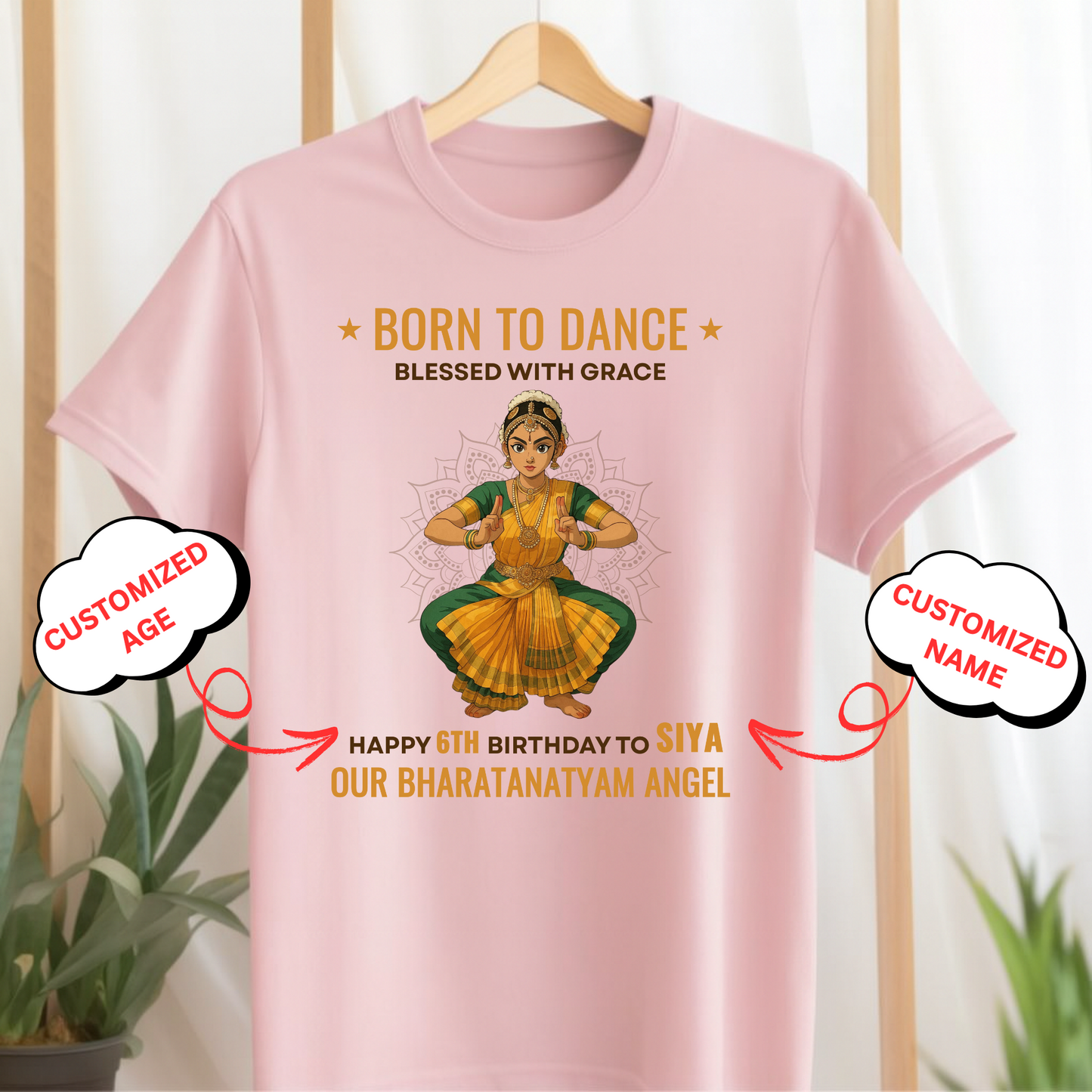 CUSTOMIZED- BORN TO DANCE, BLESSED WITH GRACE HAPPY BIRTHDAY OUR BHARATANATYAM ANGEL CLASSIC KIDS T-SHIRT