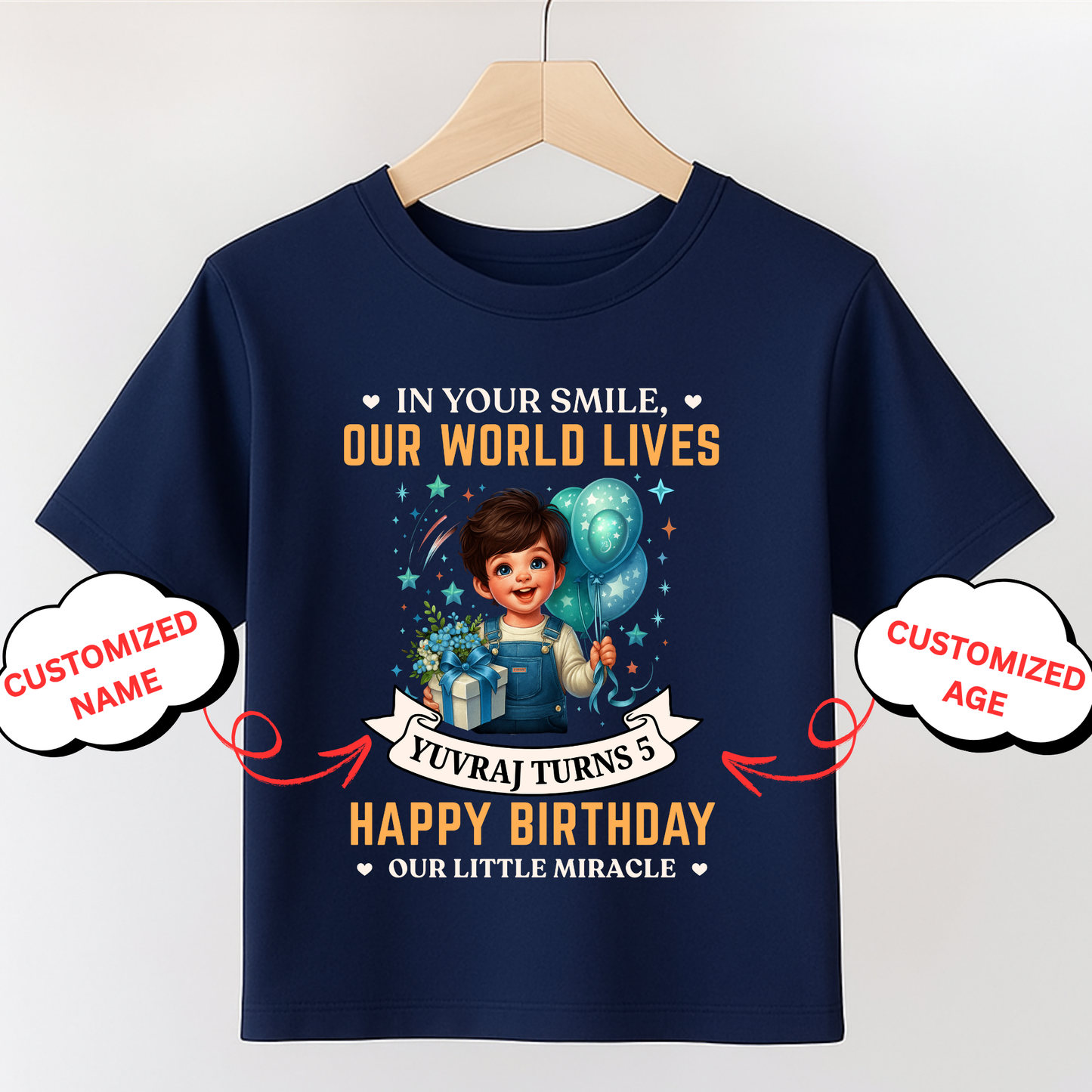 CUSTOMIZATION- IN YOUR SMILE, OUR WORLD LIVES, HAPPY BIRTHDAY CLASSIC KIDS T-SHIRT
