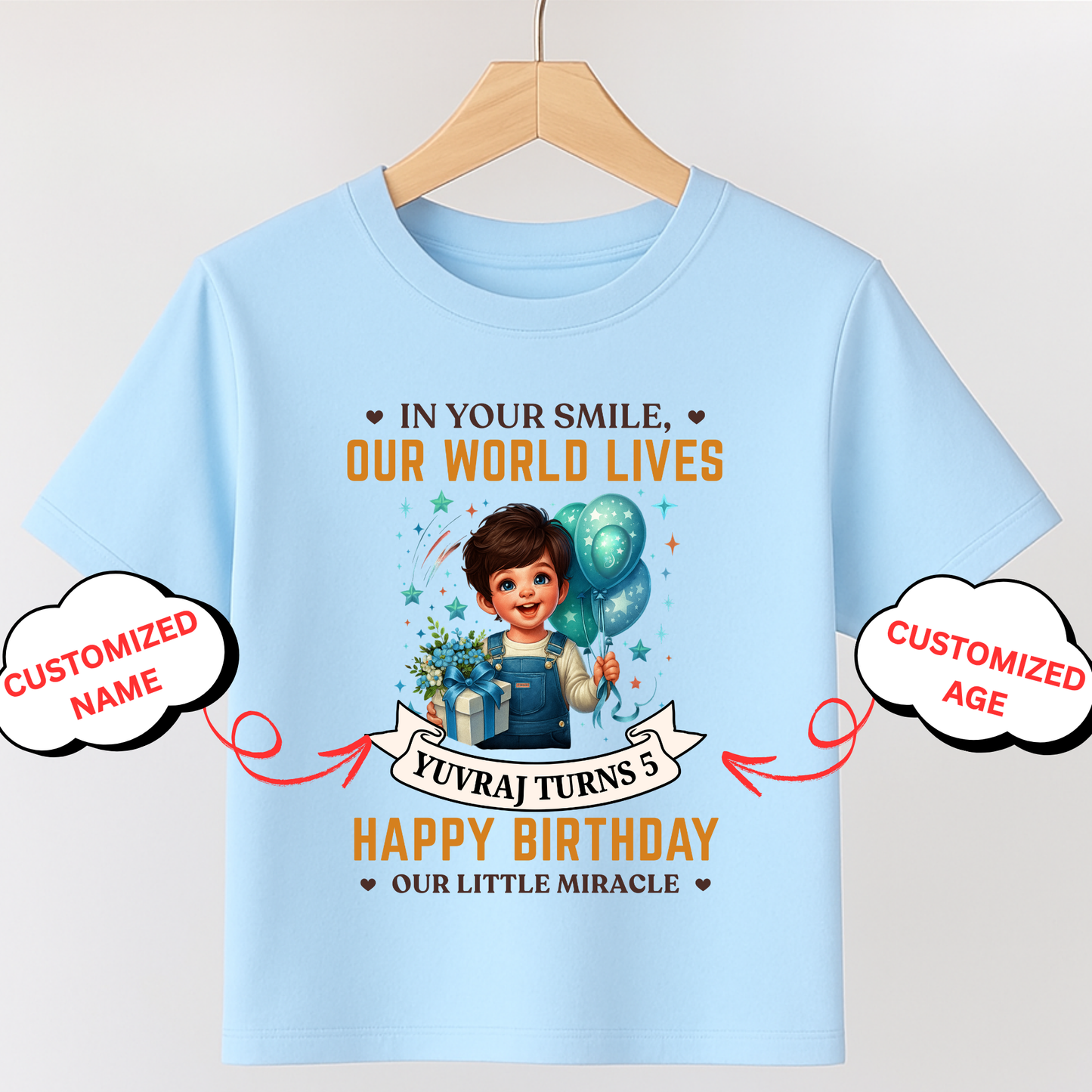 CUSTOMIZATION- IN YOUR SMILE, OUR WORLD LIVES, HAPPY BIRTHDAY CLASSIC KIDS T-SHIRT