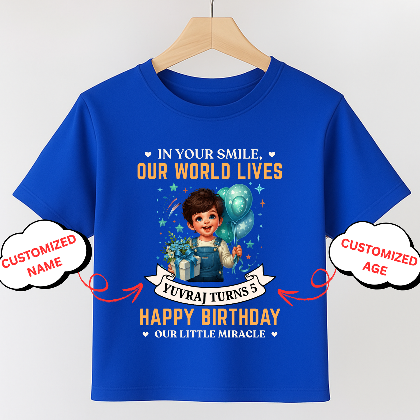 CUSTOMIZATION- IN YOUR SMILE, OUR WORLD LIVES, HAPPY BIRTHDAY CLASSIC KIDS T-SHIRT