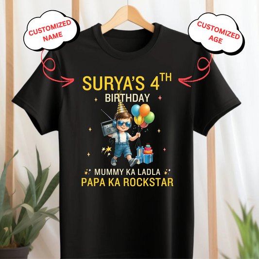 CUSTOMIZED-MUMMY KA LADLA, PAPA KA ROCKSTAR BIRTHDAY CLASSIC KIDS T-SHIRT