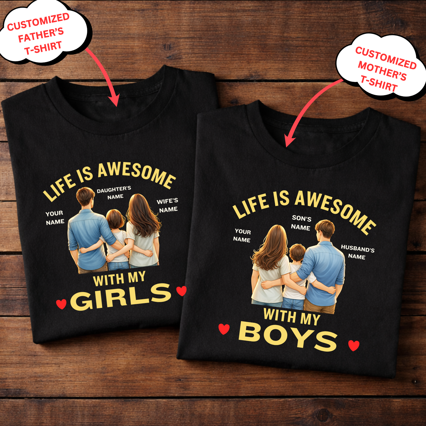 CUSTOMIZED-LIFE IS AWESOME WITH MY BOYS AND GIRLS (FATHER & MOTHER) COMBO T-SHIRTS