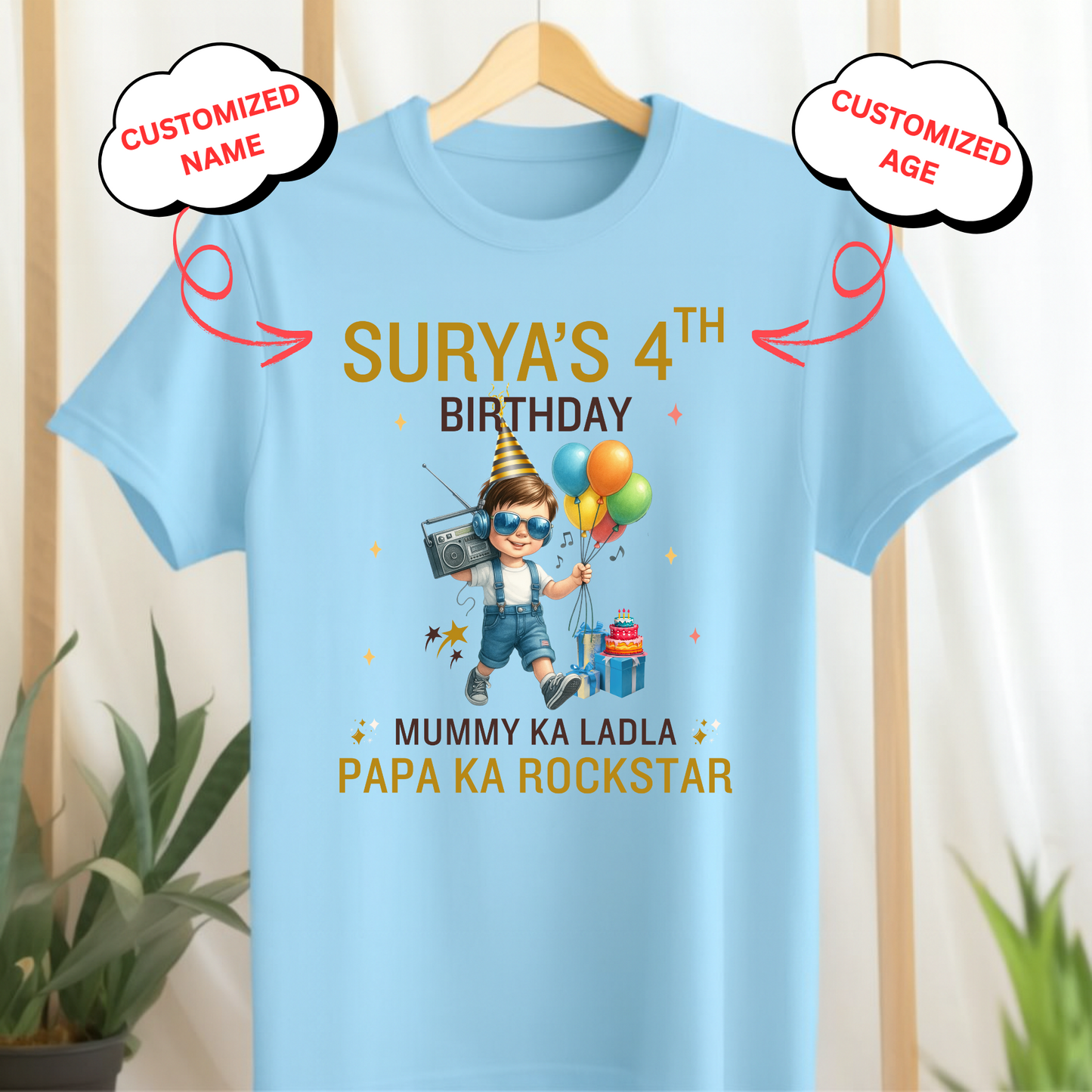 CUSTOMIZED-MUMMY KA LADLA, PAPA KA ROCKSTAR BIRTHDAY CLASSIC KIDS T-SHIRT