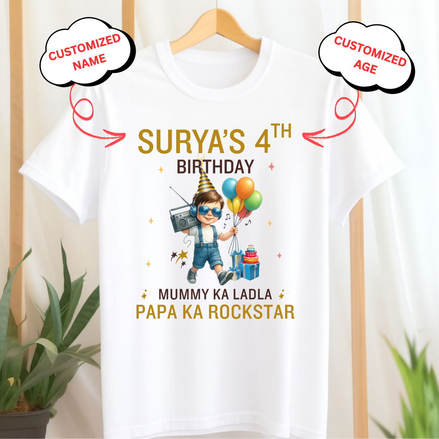 CUSTOMIZED-MUMMY KA LADLA, PAPA KA ROCKSTAR BIRTHDAY CLASSIC KIDS T-SHIRT