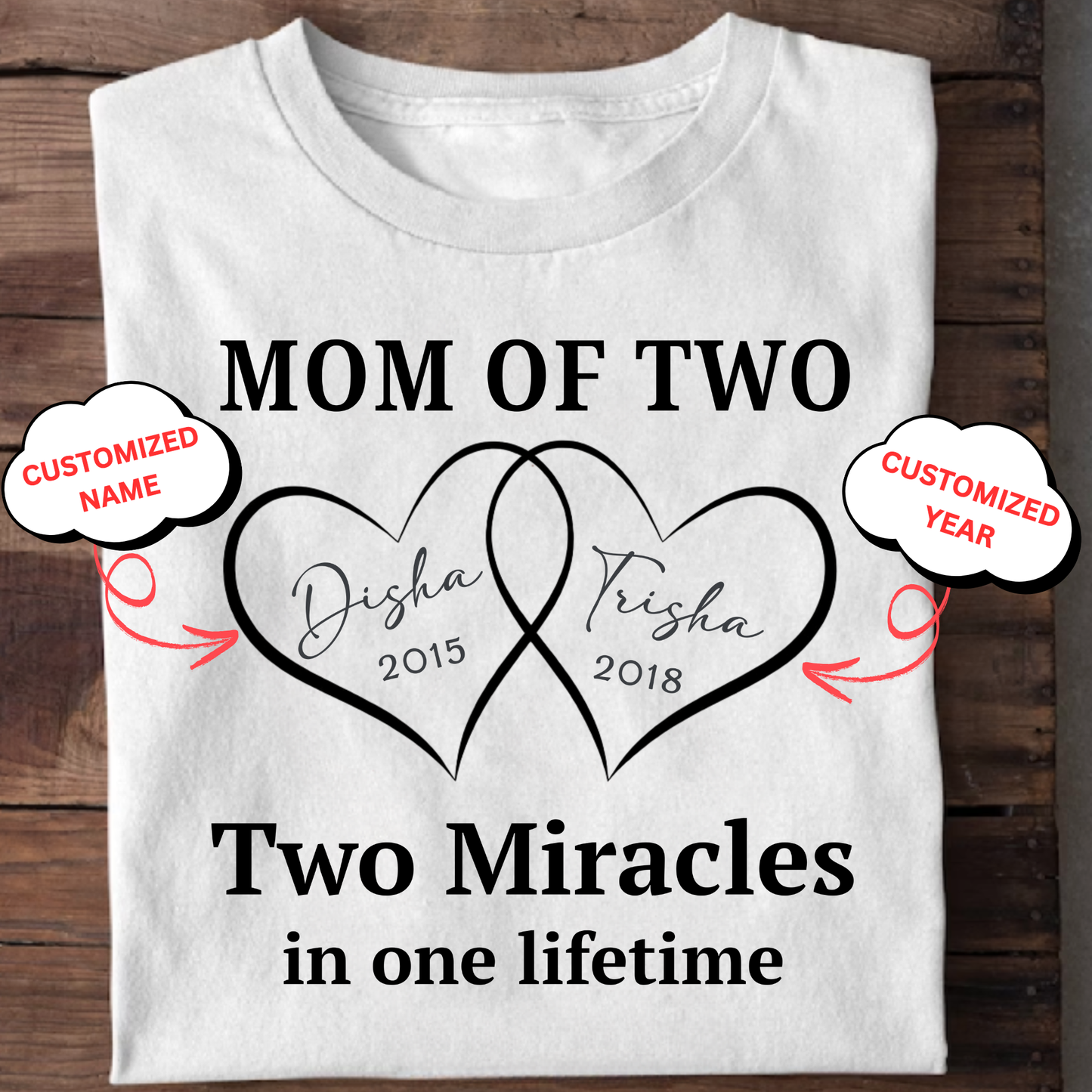 CUSTOMIZED-MOM OF TWO, TWO MIRACLES IN ONE LIFETIME (MOTHER & KIDS) CLASSIC T-SHIRT